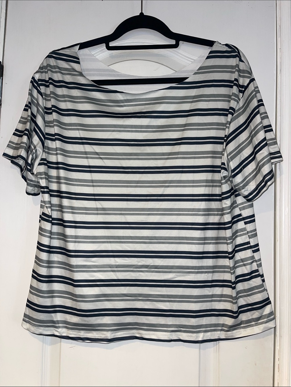 SHEIN White Top with Navy & Gray Stripes - Short Sleeve